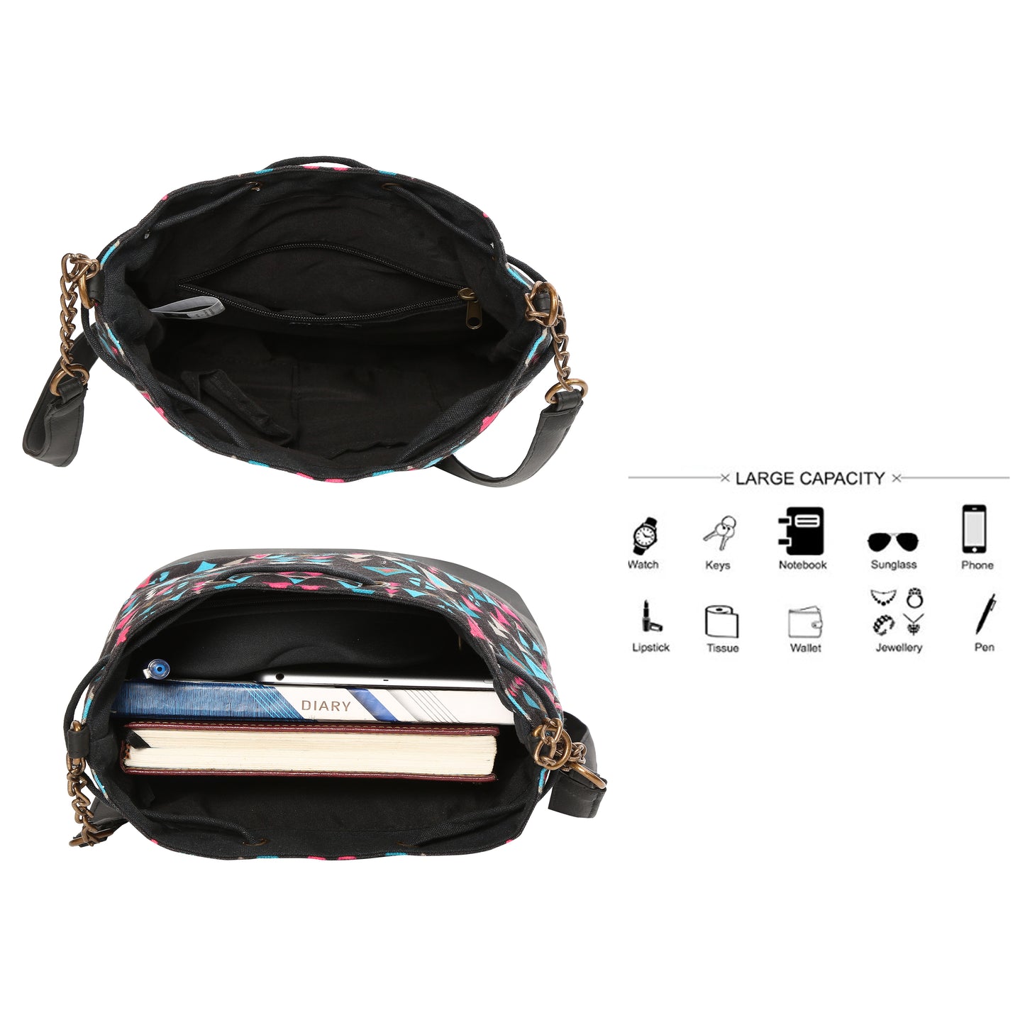 Women's Crossbody Tribal Aztec Print Black Bucket Bag