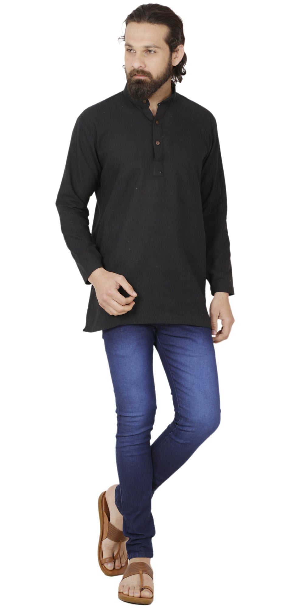 Men's  Indian Traditional Khadi cotton Kurta Tunic: Black | Full view  2 | In-Sattva