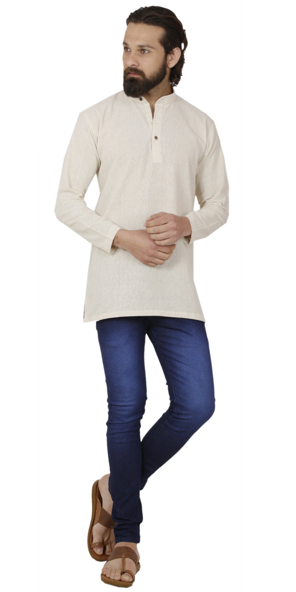 Men's  Indian Traditional Khadi cotton Kurta Tunic: Off-White | Full view 2 | In-Sattva