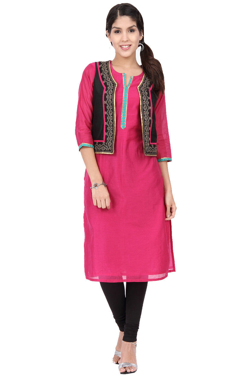 Women's Indian Pink Straight Kurta Tunic With Black Vest