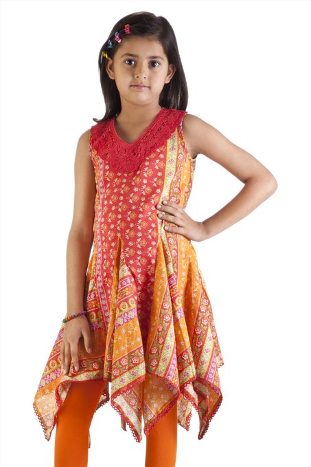 MB Girl's Indian Kurta Tunic, Pleated with Uneven Hem ÛÒ Front