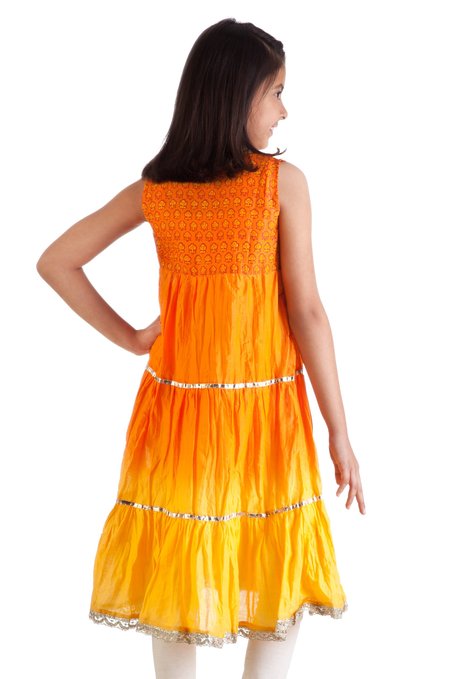 MB Girl's Indian Kurta Tunic with Orange to Yellow Tie Dye Gradient, Churidar (Pants) and Dupatta (Scarf) ÛÒ Back