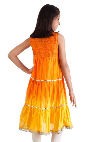 MB Girl's Indian Kurta Tunic with Orange to Yellow Tie Dye Gradient, Churidar (Pants) and Dupatta (Scarf) ÛÒ Back
