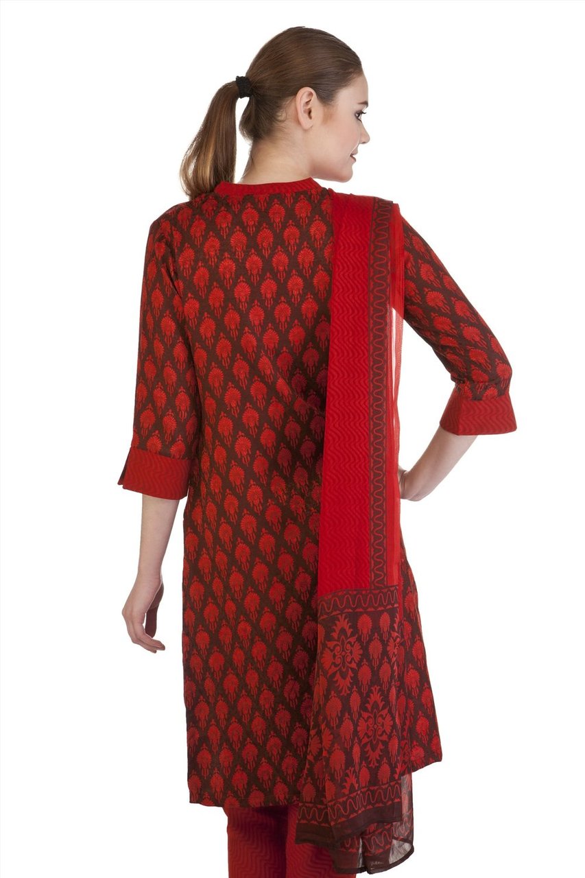 MB Women's Indian Clothing Kurta Tunic 3 piece Suit with Floral Paisley Print ÛÒ Red/Brown