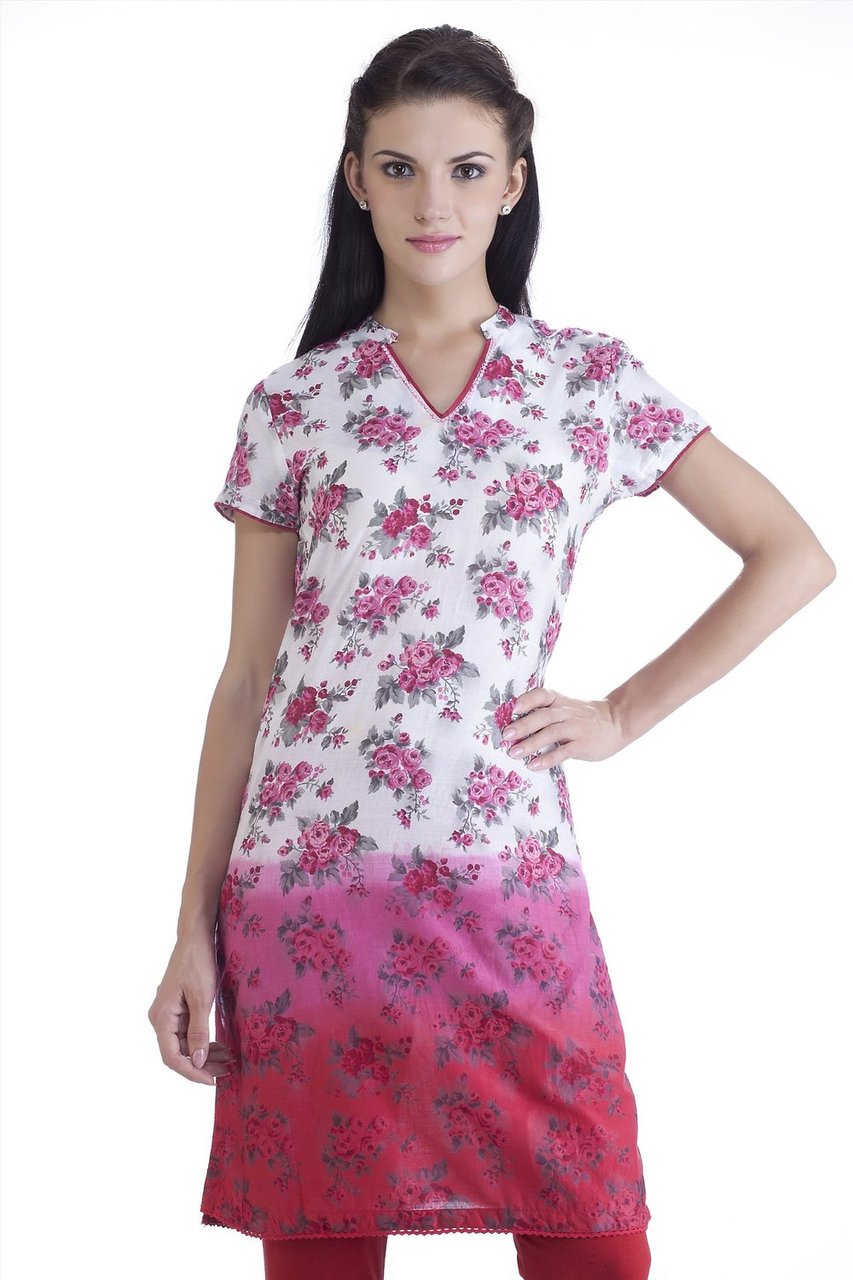 MB Womens Ethnic Rose Printed Gradation Kurta Tunic ÛÒ Pink