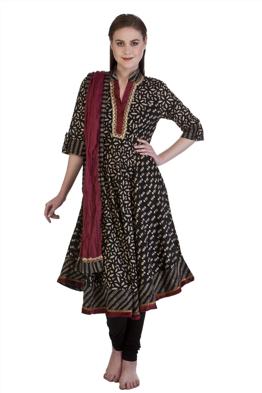 MB Women's Indian Clothing Ethnic Kurta Tunic Assymetrical Bias Cut 3 piece Suit ÛÒ Black Front