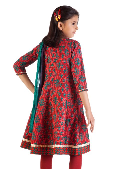 MB Girl's Indian Kurta Tunic in Teal Leaf Print with Matching Churidar (Pants) and Dupatta (Scarf) - Back