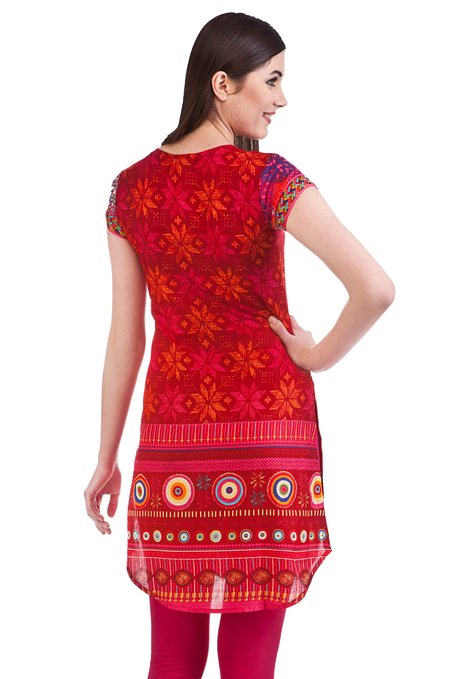MB Women's Indian Tunic Kurta with Geometric Neon Accents ÛÒ Red Back