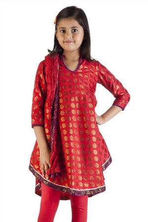 MB Girl's Indian Kurta Tunic Red with Gold Print, Churidar (Pants) and Dupatta (Scarf) – Front