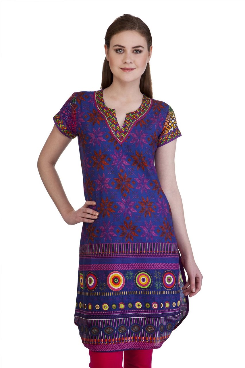 MB Women's Indian Tunic Kurta with Geometric Neon Accents ÛÒ Blue Front