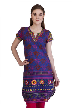MB Women's Indian Tunic Kurta with Geometric Neon Accents ÛÒ Blue Front