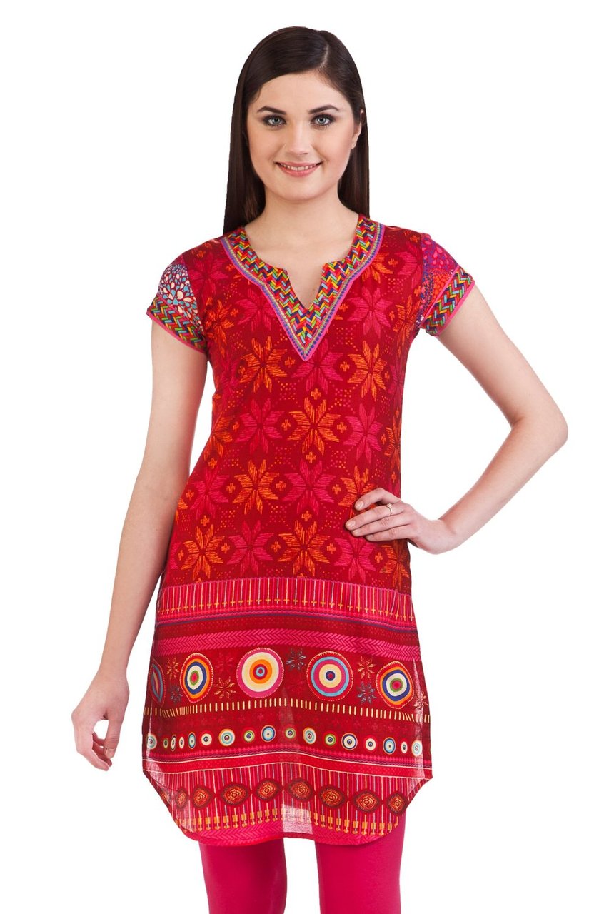 MB Women's Indian Tunic Kurta with Geometric Neon Accents ÛÒ Red Front