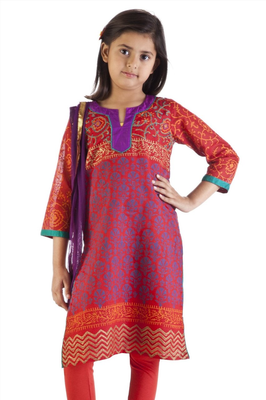 MB Girl's Indian Orange and Blue Print Kurta Tunic with Churidar (Pants) and Dupatta (Scarf) ÛÒ Front