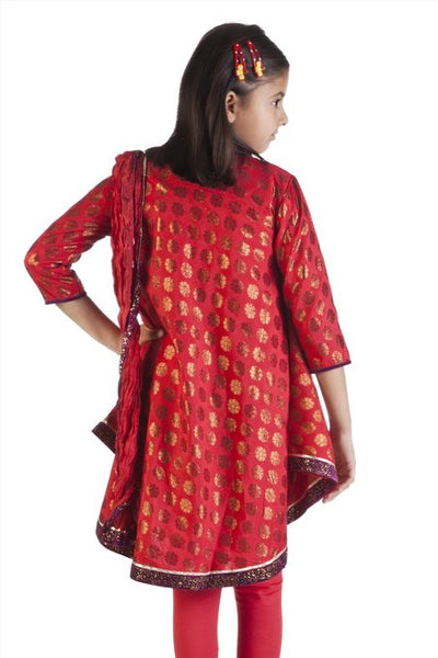MB Girl's Indian Kurta Tunic Red with Gold Print, Churidar (Pants) and Dupatta (Scarf) – Back