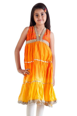 MB Girl's Indian Kurta Tunic with Orange to Yellow Tie Dye Gradient, Churidar (Pants) and Dupatta (Scarf) ÛÒ Front