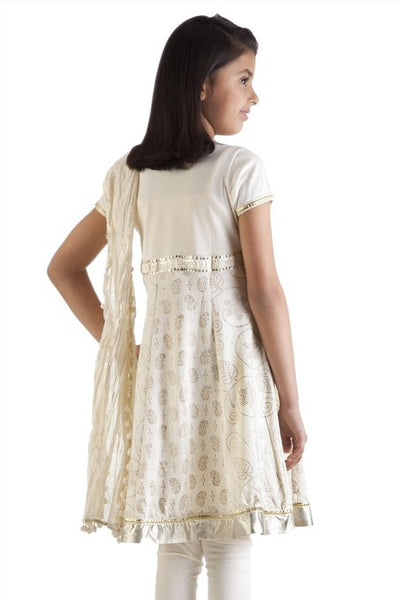 MB Girl's Indian Kurta Tunic with Silver/Gold Print and Churidar (Pants) and Dupatta (Scarf) ÛÒ Back