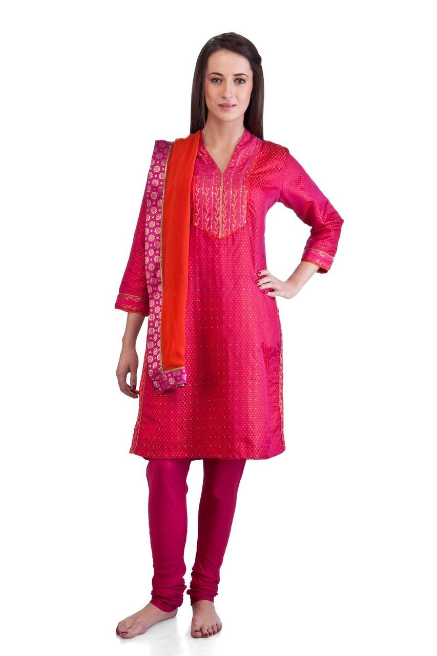 MB Women's Indian Kurta Tunic Ethnic 3 piece Suit with Hand Embroidered Yoke ÛÒ Front