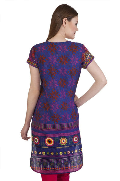 MB Women's Indian Tunic Kurta with Geometric Neon Accents ÛÒ Blue Back