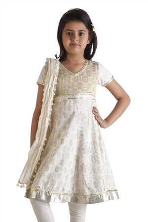 MB Girl's Indian Kurta Tunic with Silver/Gold Print and Churidar (Pants) and Dupatta (Scarf) ÛÒ Front