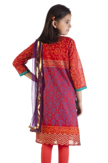 MB Girl's Indian Orange and Blue Print Kurta Tunic with Churidar (Pants) and Dupatta (Scarf) ÛÒ Back