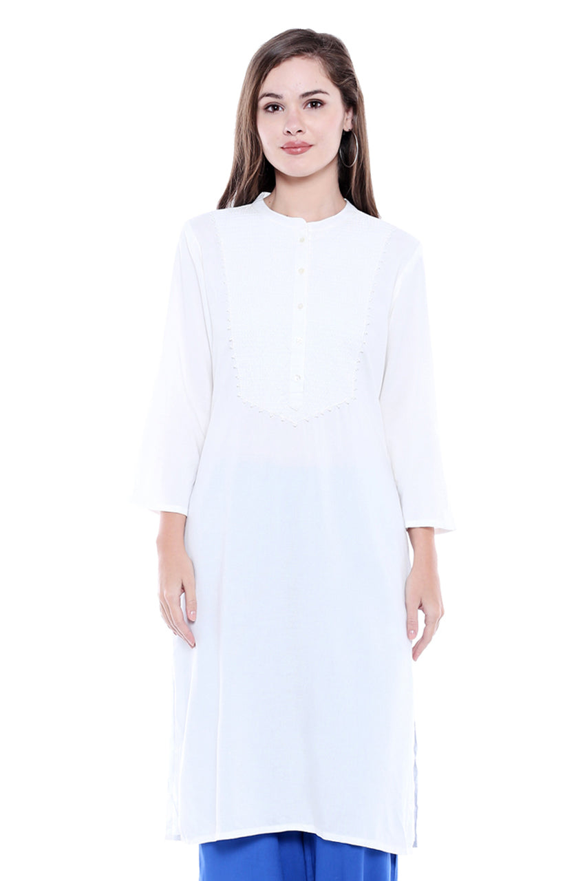 Women's Indian Patterned Yoke White Kurta Tunic | In-Sattva 