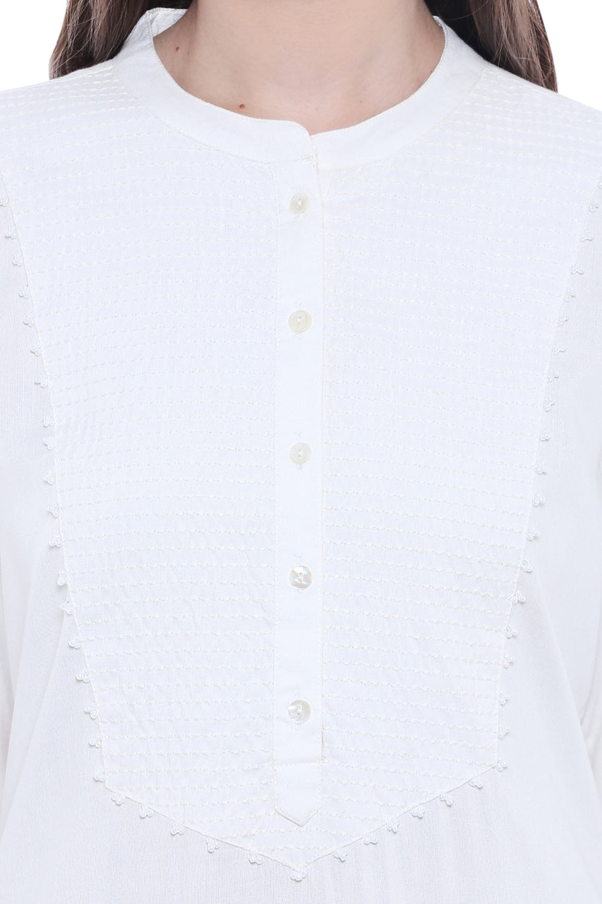 Women's Indian Patterned Yoke White Kurta Tunic | In-Sattva 
