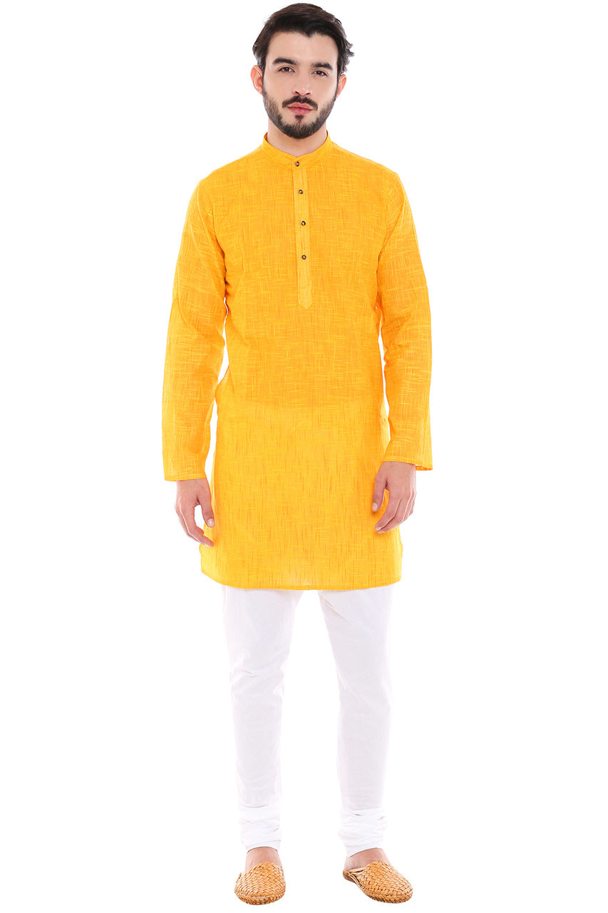 In-Sattva Men's Indian Classic Pure Cotton Kurta Tunic with Mandarin Collar Yellow
