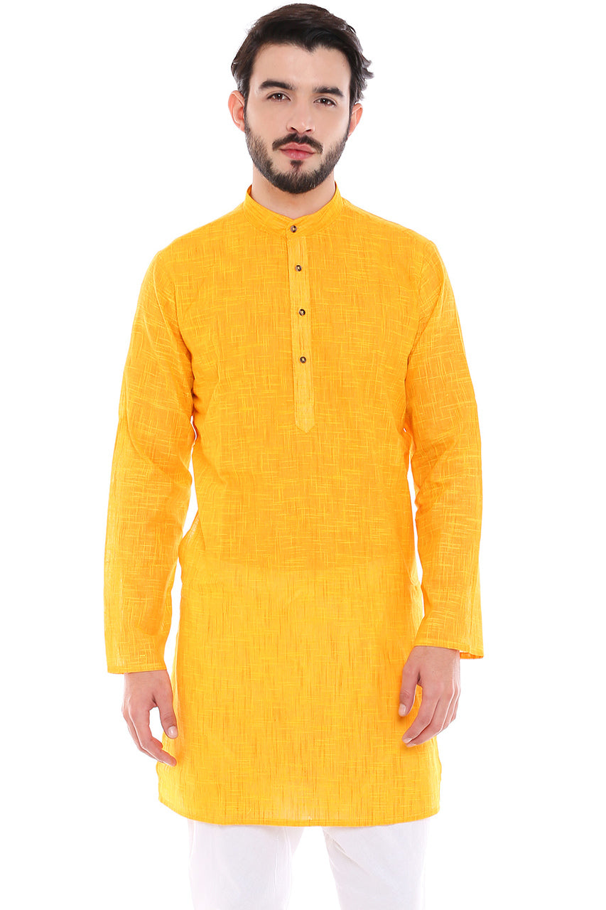 In-Sattva Men's Indian Classic Pure Cotton Kurta Tunic with Mandarin Collar Yellow