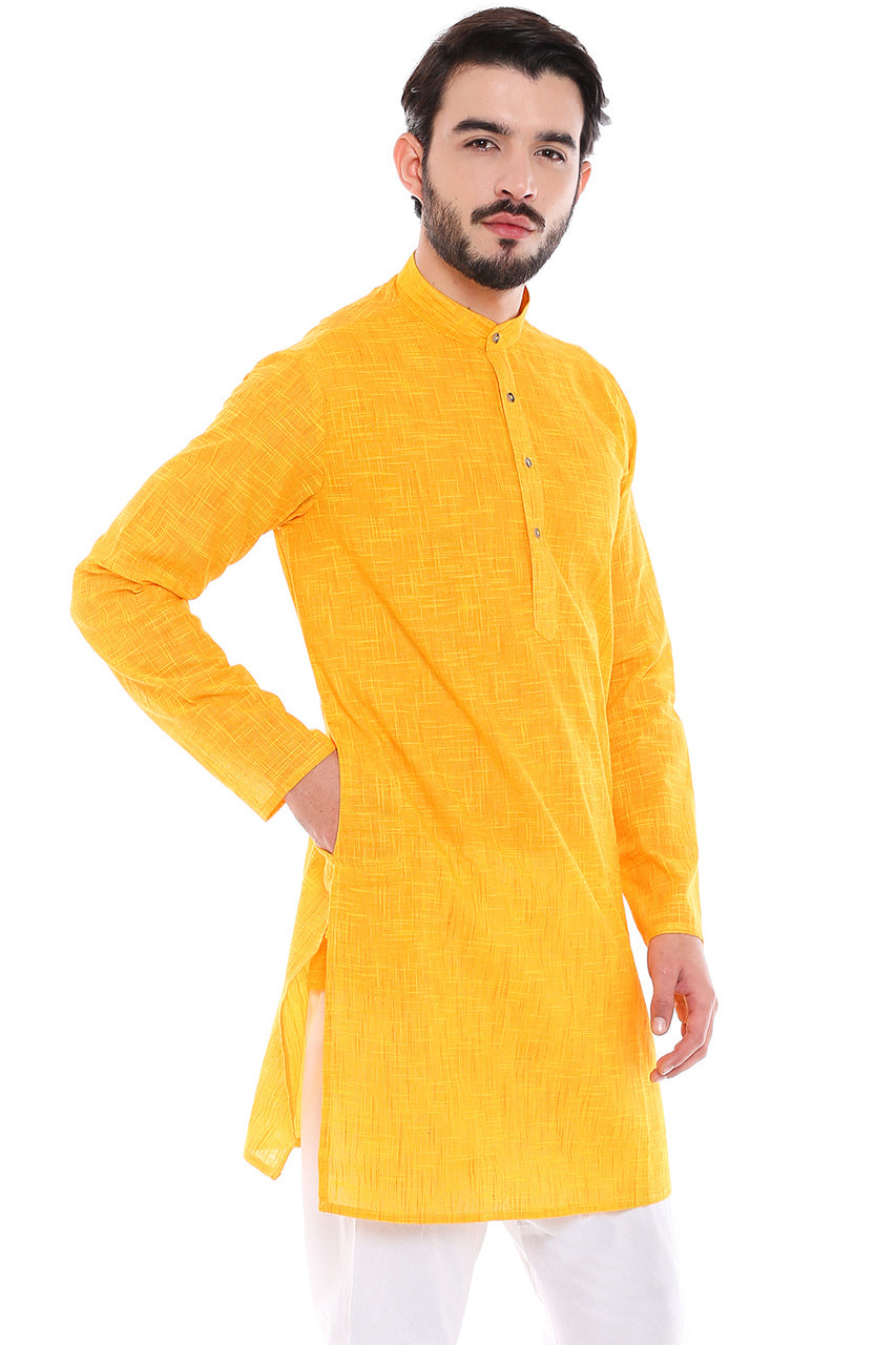 In-Sattva Men's Indian Classic Pure Cotton Kurta Tunic with Mandarin Collar Yellow