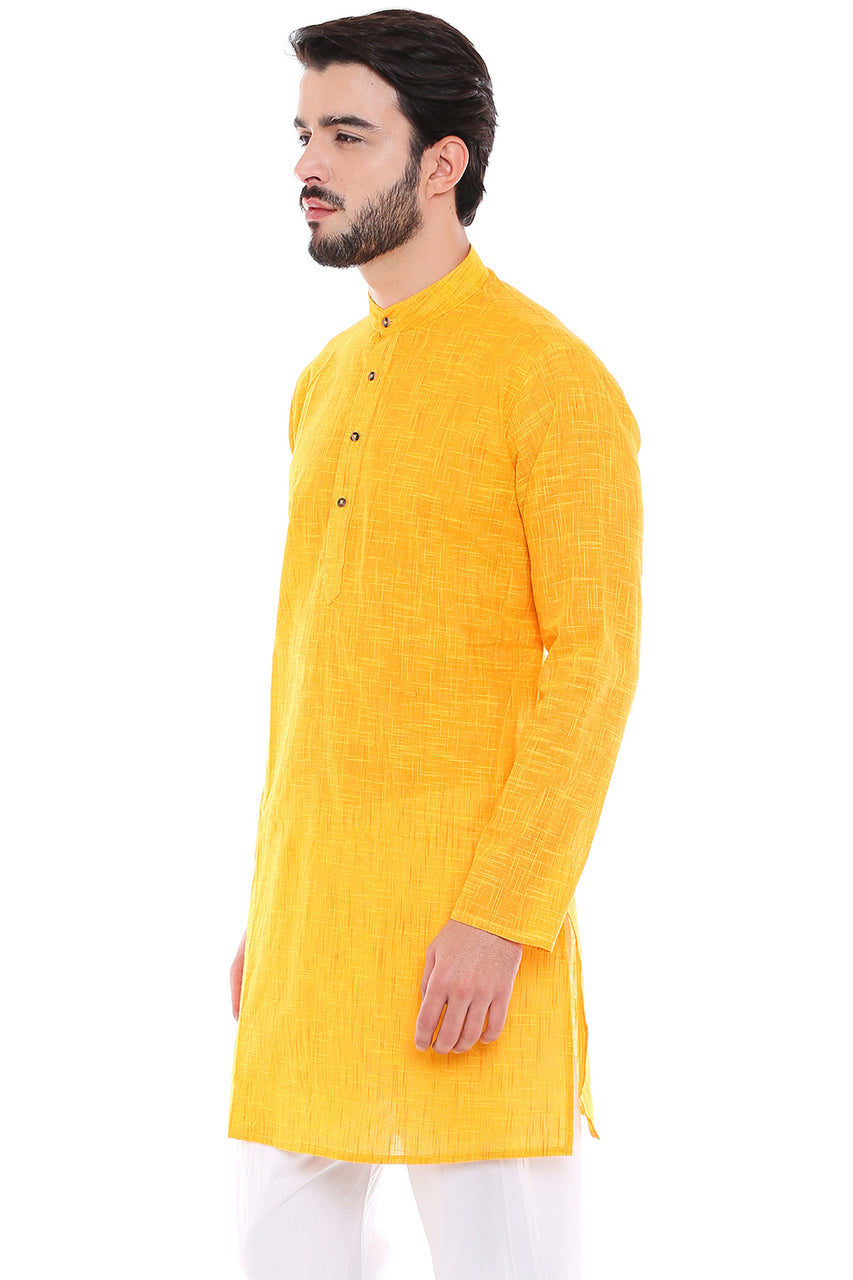 In-Sattva Men's Indian Classic Pure Cotton Kurta Tunic with Mandarin Collar Yellow