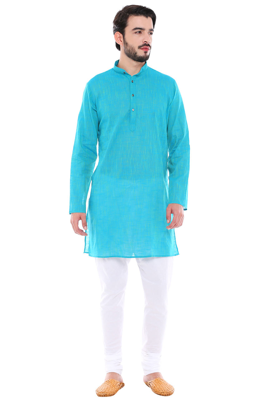 In-Sattva Men's Indian Classic Pure Cotton Kurta Tunic with Mandarin Collar Teal
