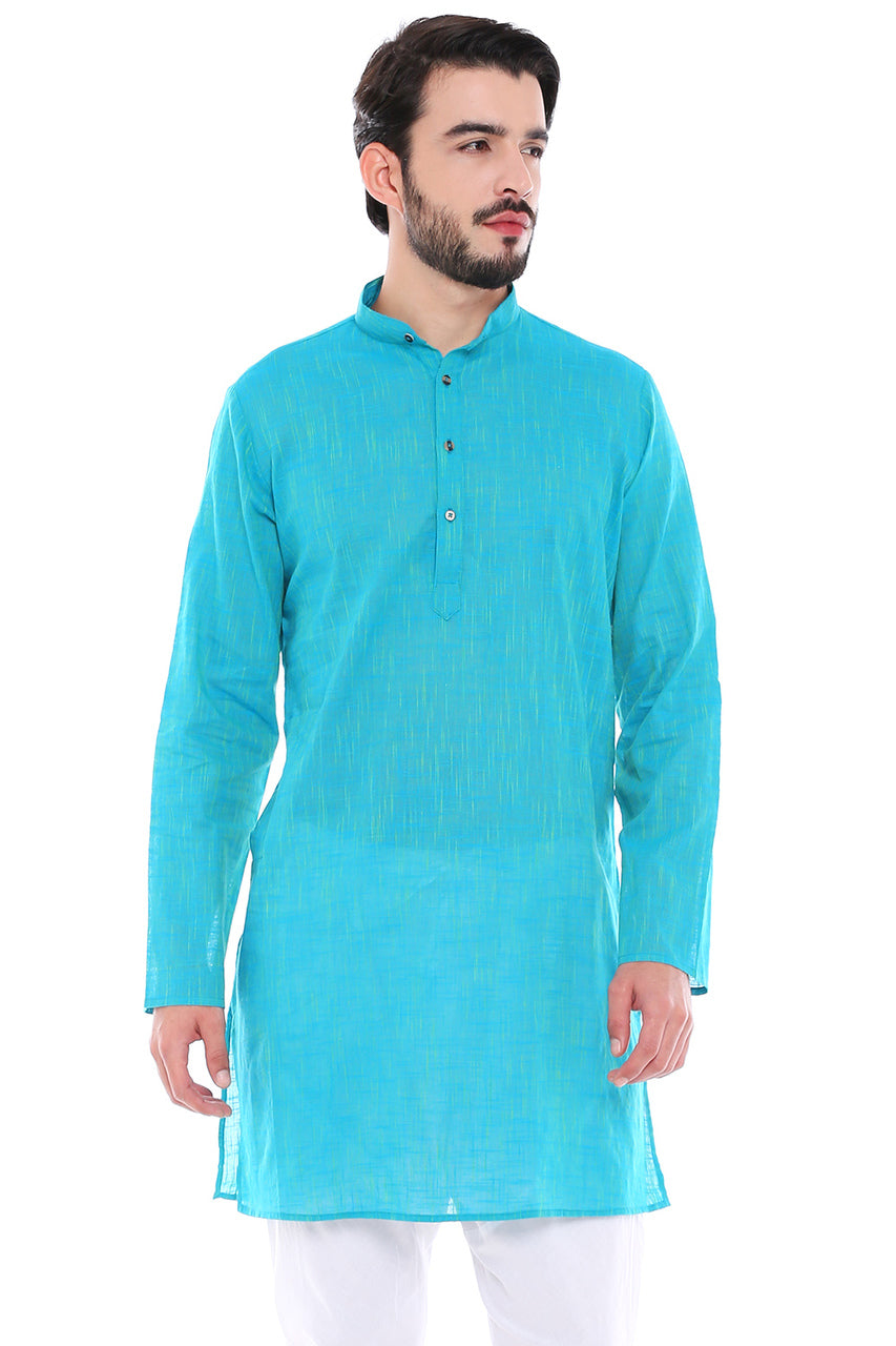 In-Sattva Men's Indian Classic Pure Cotton Kurta Tunic with Mandarin Collar Teal