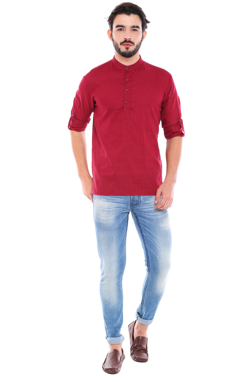 In-Sattva Men's Mandarin Collar Henley Style Short Fitted Kurta Tunic