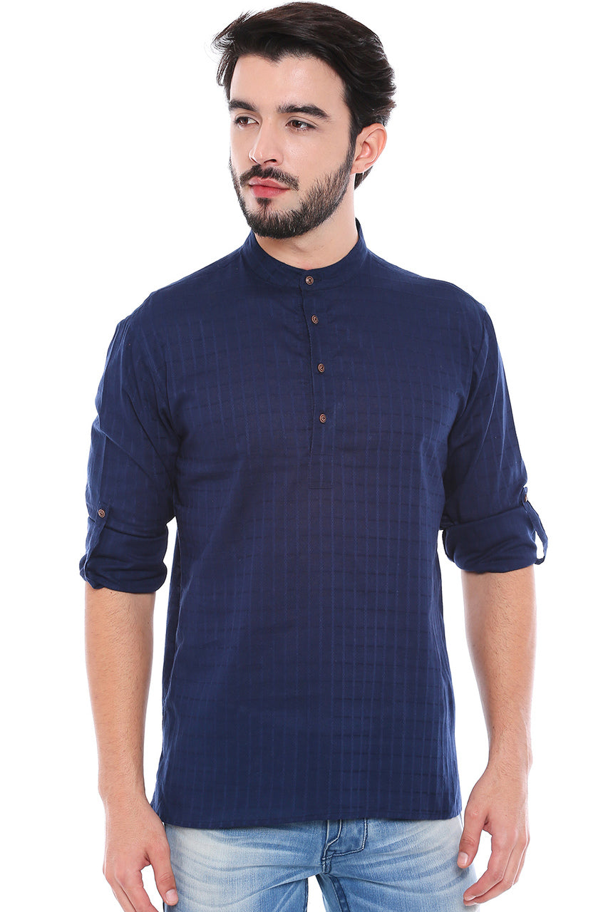 In-Sattva Men's Mandarin Collar Henley Style Short Fitted Kurta Tunic Navy