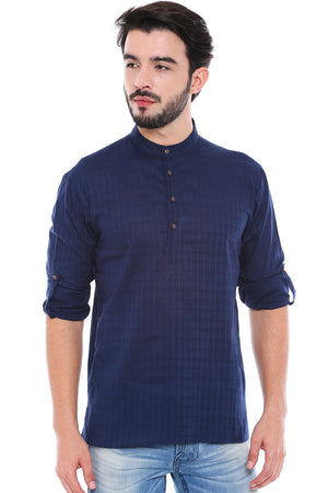 In-Sattva Men's Mandarin Collar Henley Style Short Fitted Kurta Tunic Navy