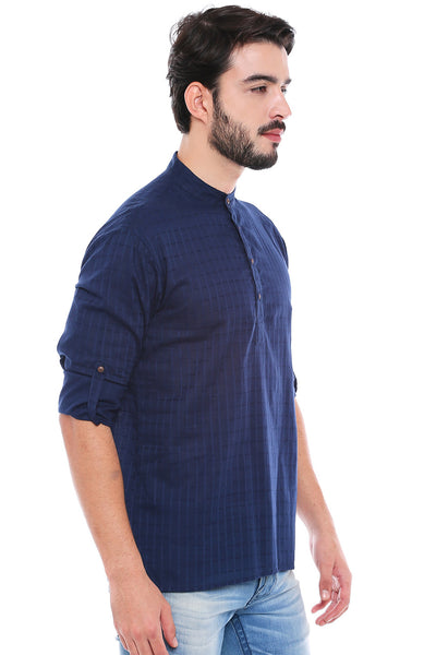 In-Sattva Men's Mandarin Collar Henley Style Short Fitted Kurta Tunic Navy