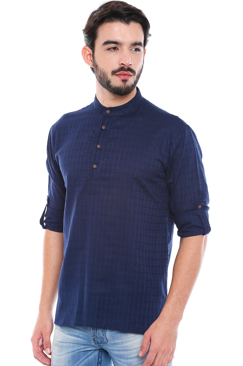 In-Sattva Men's Mandarin Collar Henley Style Short Fitted Kurta Tunic Navy