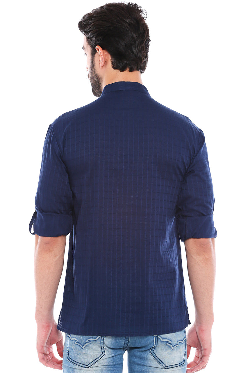 In-Sattva Men's Mandarin Collar Henley Style Short Fitted Kurta Tunic Navy