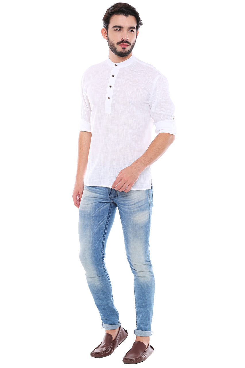 In-Sattva Men's Mandarin Collar Henley Style Short Fitted Kurta Tunic White