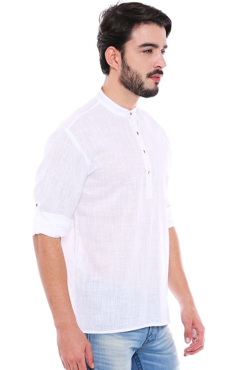 In-Sattva Men's Mandarin Collar Henley Style Short Fitted Kurta Tunic White