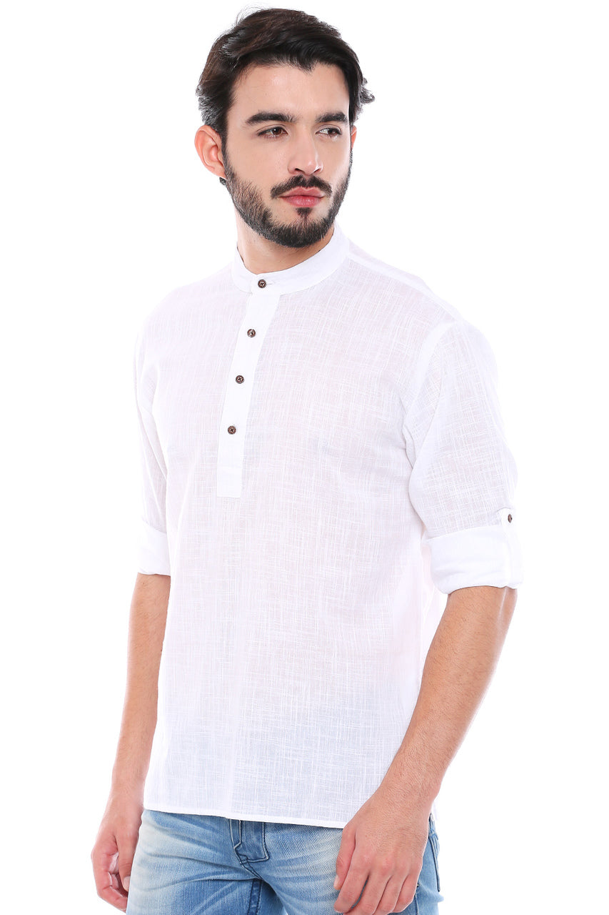 In-Sattva Men's Mandarin Collar Henley Style Short Fitted Kurta Tunic White