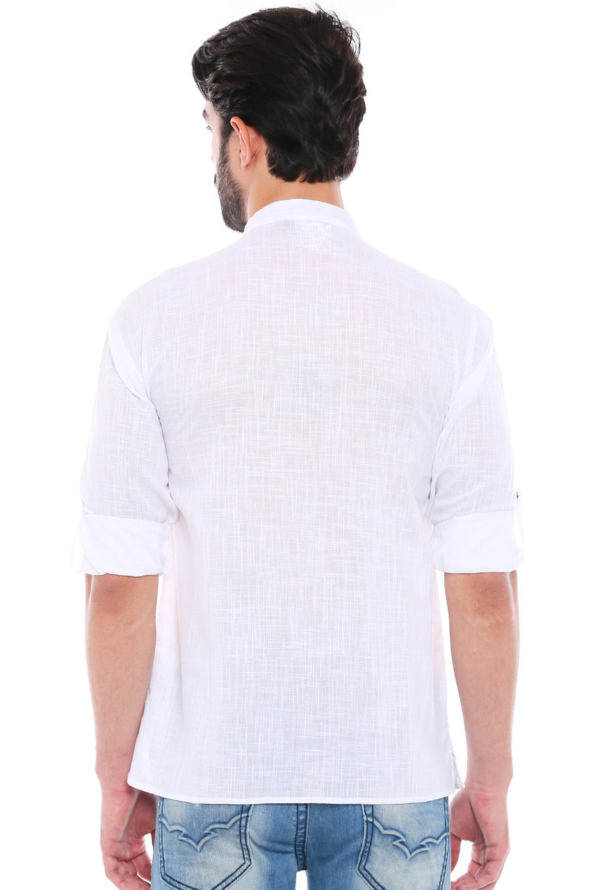 In-Sattva Men's Mandarin Collar Henley Style Short Fitted Kurta Tunic White