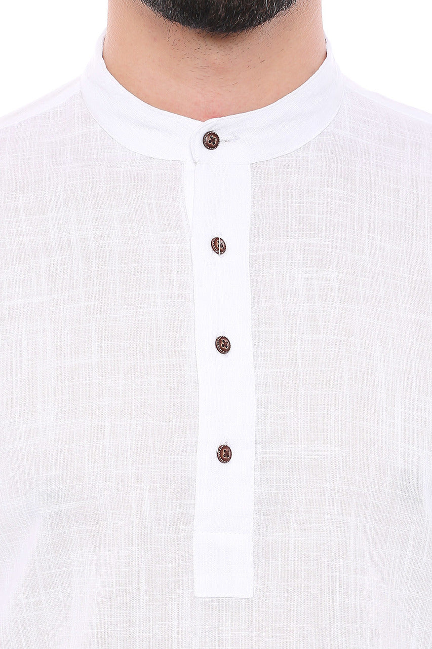 In-Sattva Men's Mandarin Collar Henley Style Short Fitted Kurta Tunic White