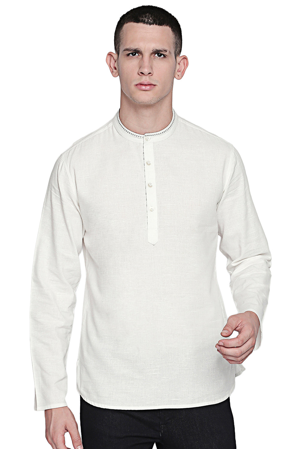 In-Sattva Men's Indian Hand-Embroidered Band Collar Hip-Length Pure Cotton Tunic