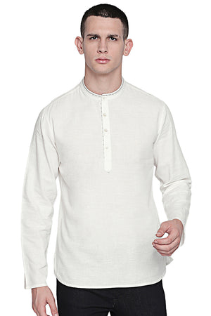 In-Sattva Men's Indian Hand-Embroidered Band Collar Hip-Length Pure Cotton Tunic