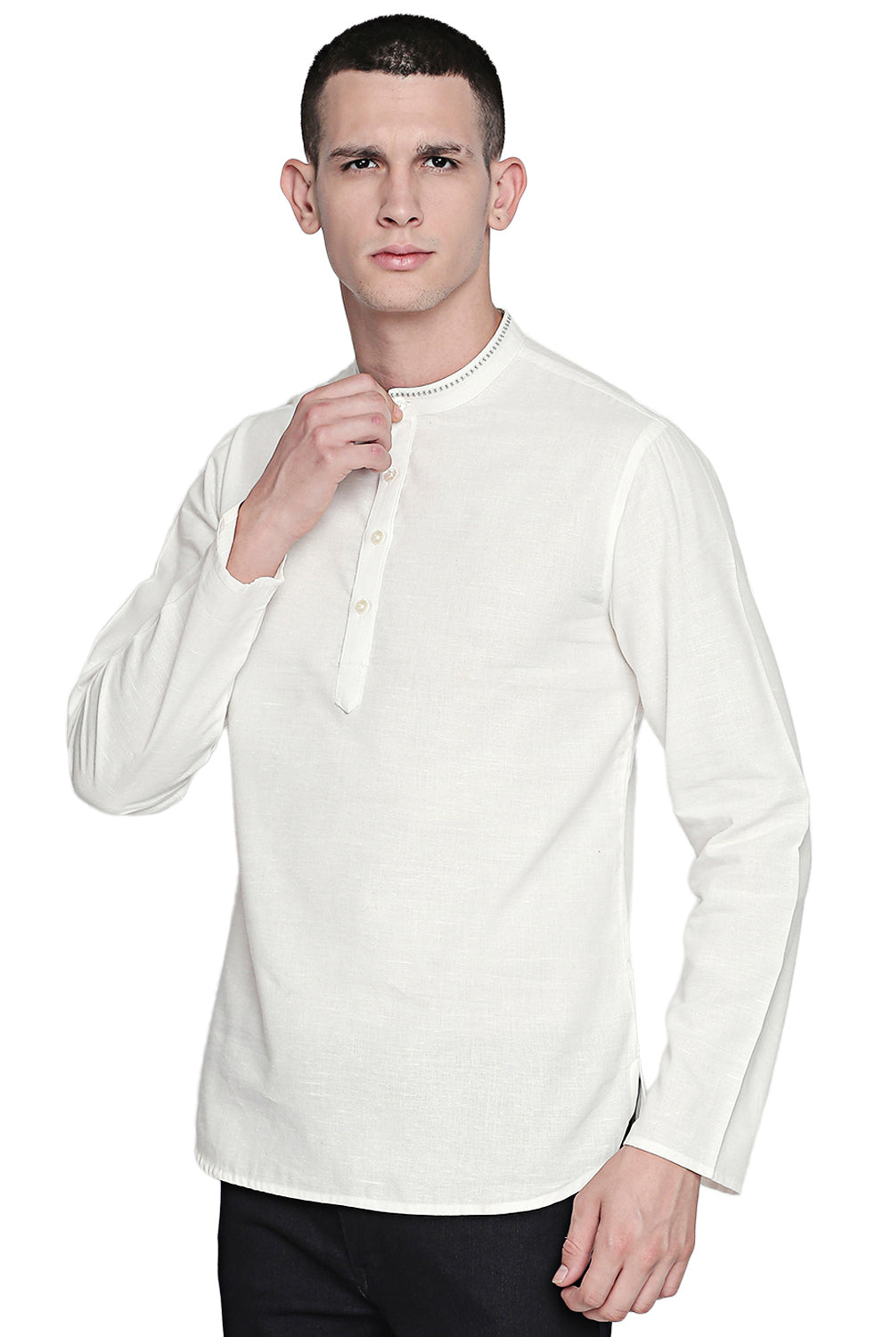 In-Sattva Men's Indian Hand-Embroidered Band Collar Hip-Length Pure Cotton Tunic
