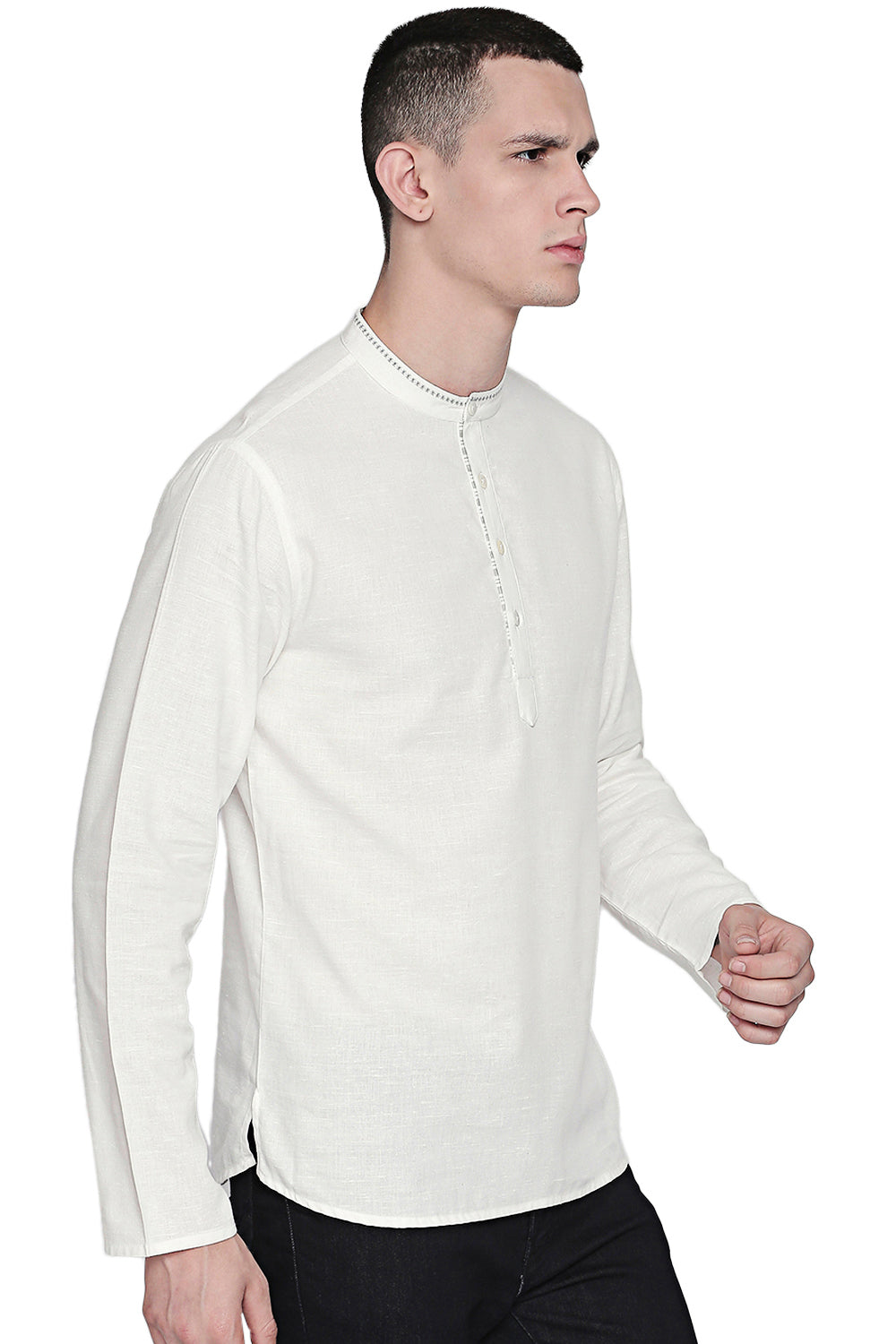 In-Sattva Men's Indian Hand-Embroidered Band Collar Hip-Length Pure Cotton Tunic