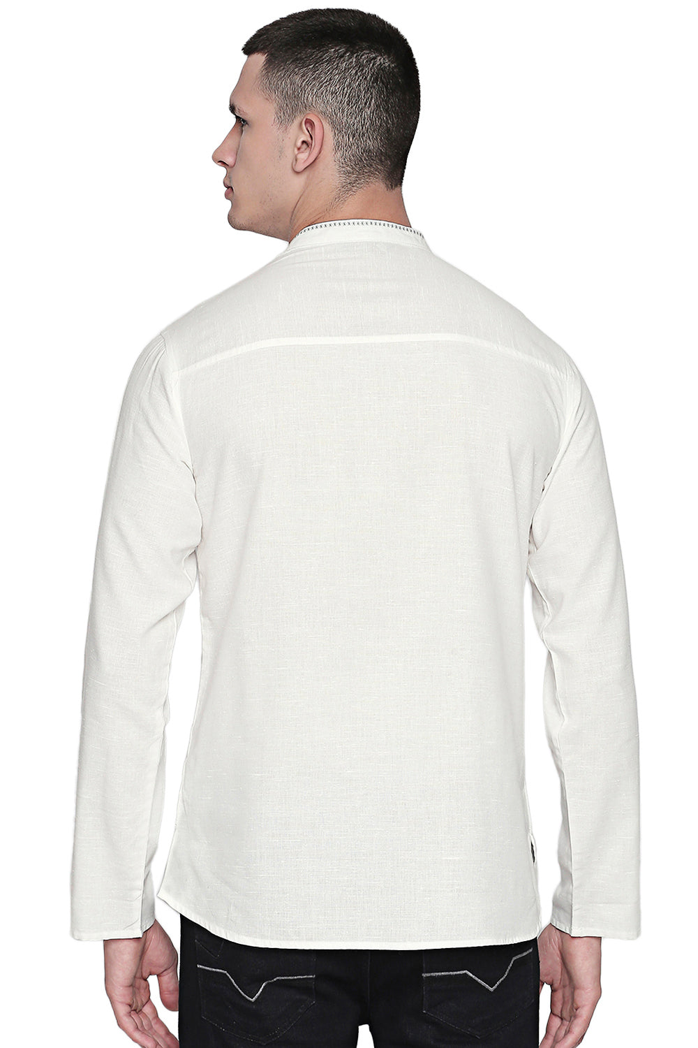 In-Sattva Men's Indian Hand-Embroidered Band Collar Hip-Length Pure Cotton Tunic