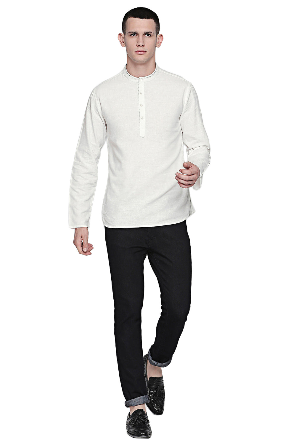 In-Sattva Men's Indian Hand-Embroidered Band Collar Hip-Length Pure Cotton Tunic