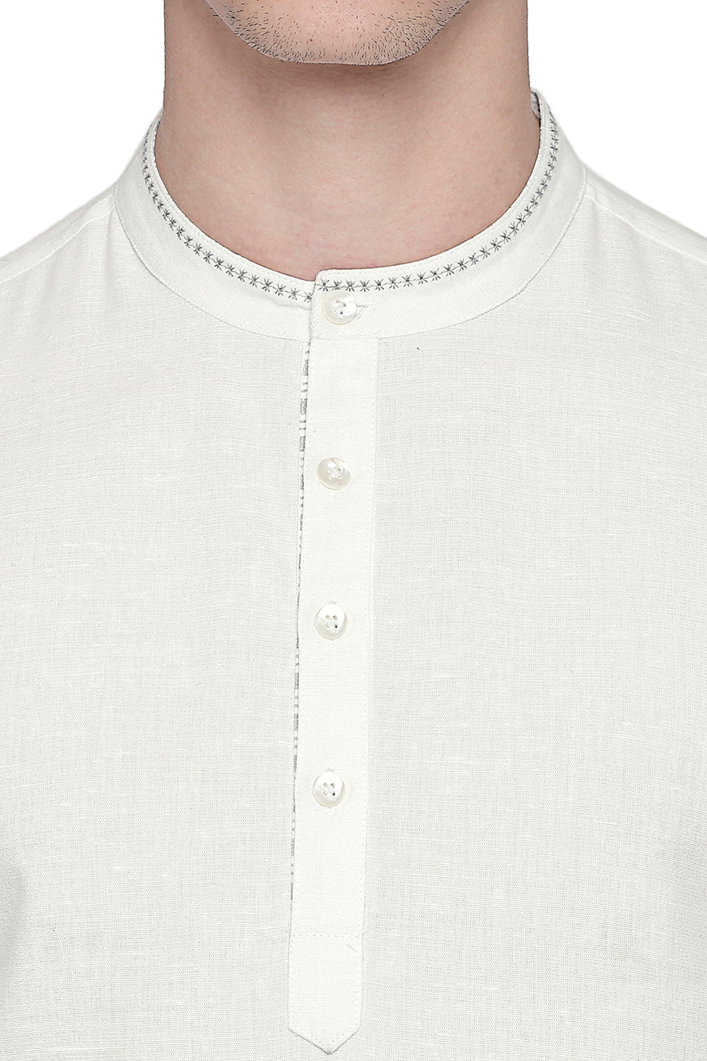 In-Sattva Men's Indian Hand-Embroidered Band Collar Hip-Length Pure Cotton Tunic